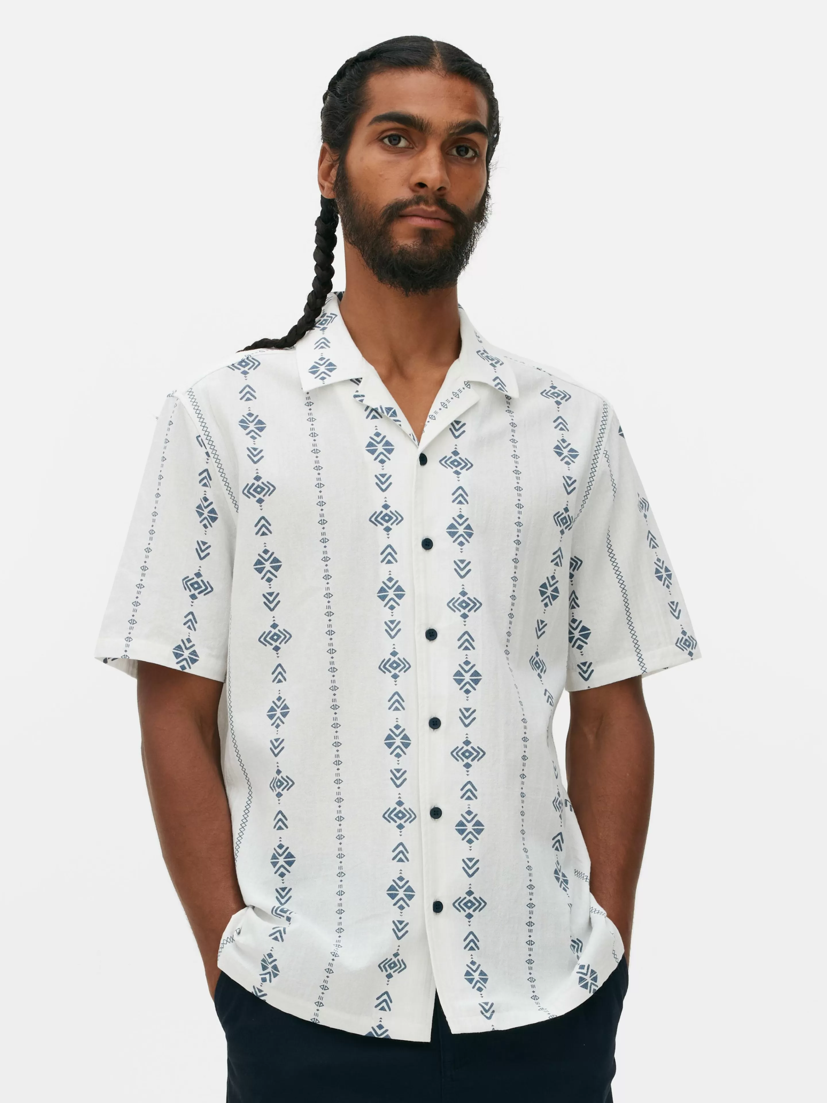 Hombre Primark Camisas | Camisa De Manga Corta Arrugada Con Diseño Geométrico