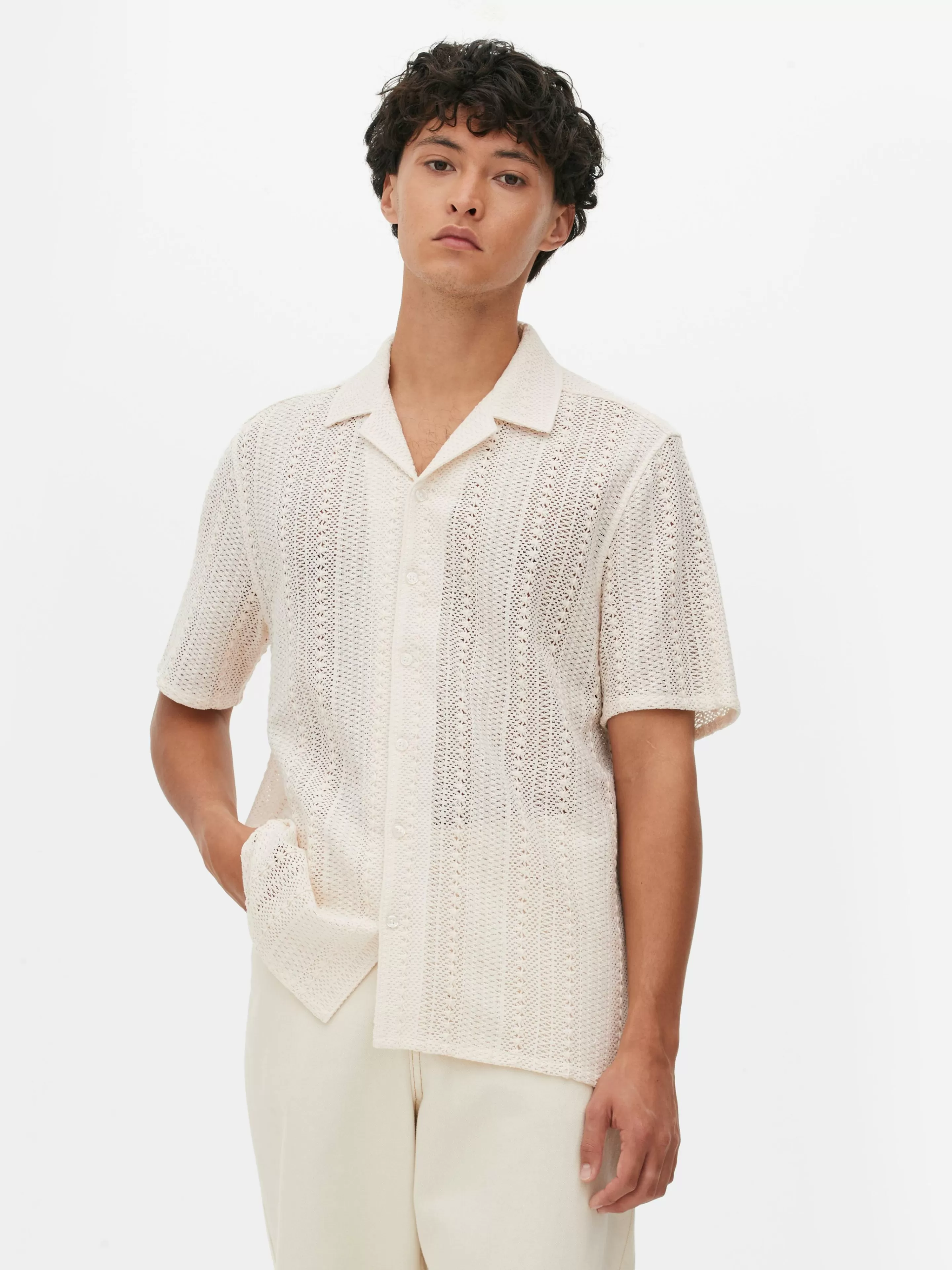 Hombre Primark Camisas | Camisa De Manga Corta De Ganchillo Con Botones