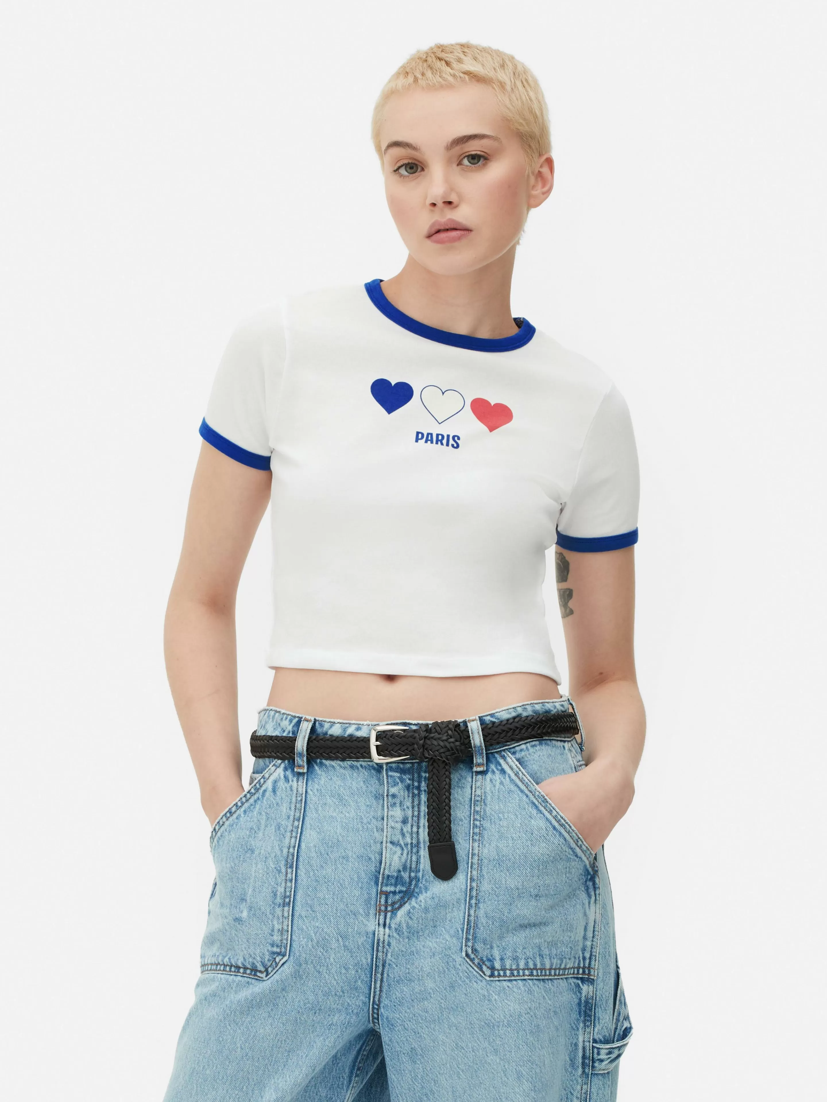 Mujer Primark Tops Y Camisetas | Camiseta Corta Con Ribetes Con El Eslogan «Paris»