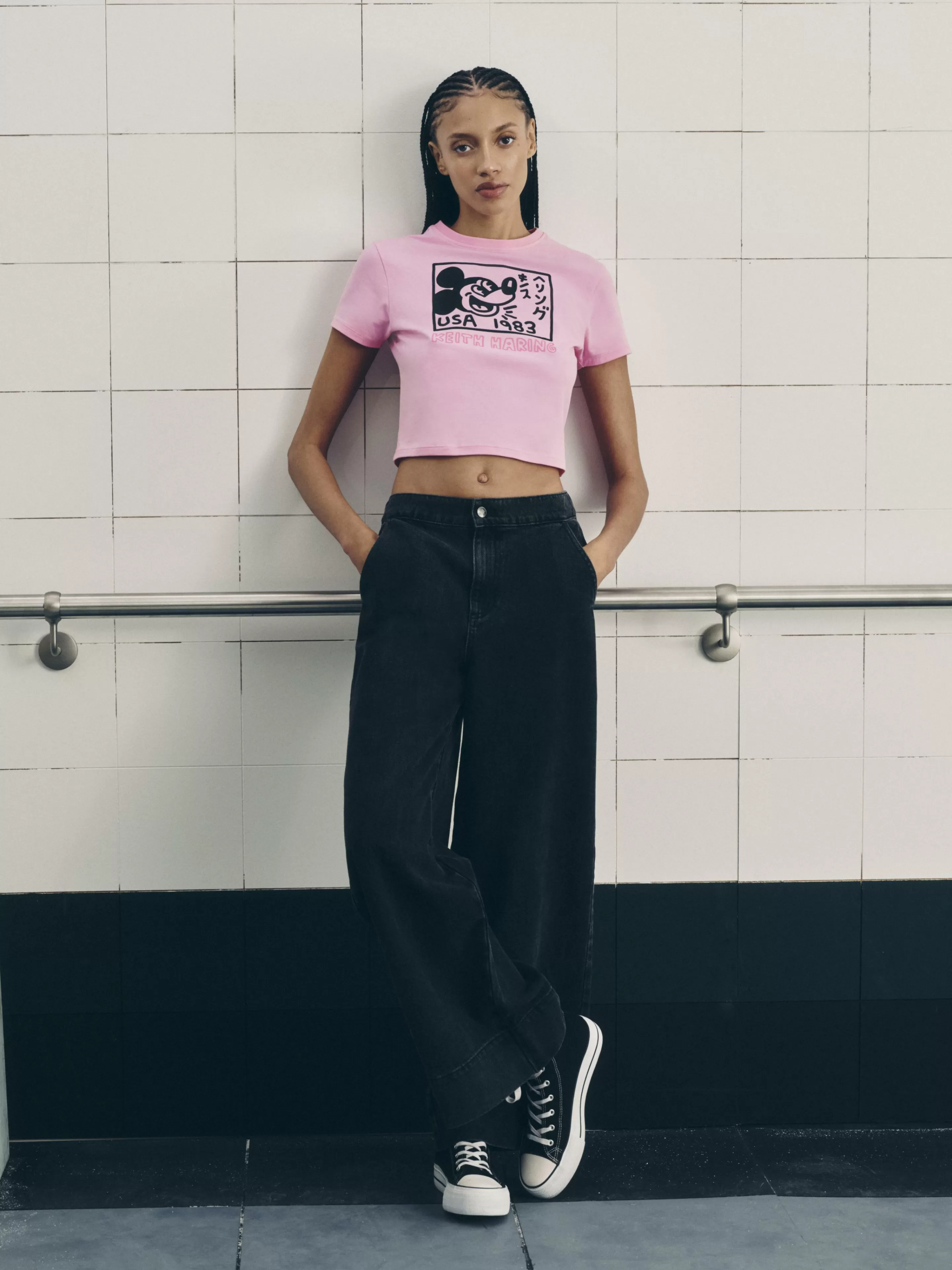 Mujer Primark Tops Y Camisetas | Camiseta Corta Mickey Mouse De Disney X Keith Haring