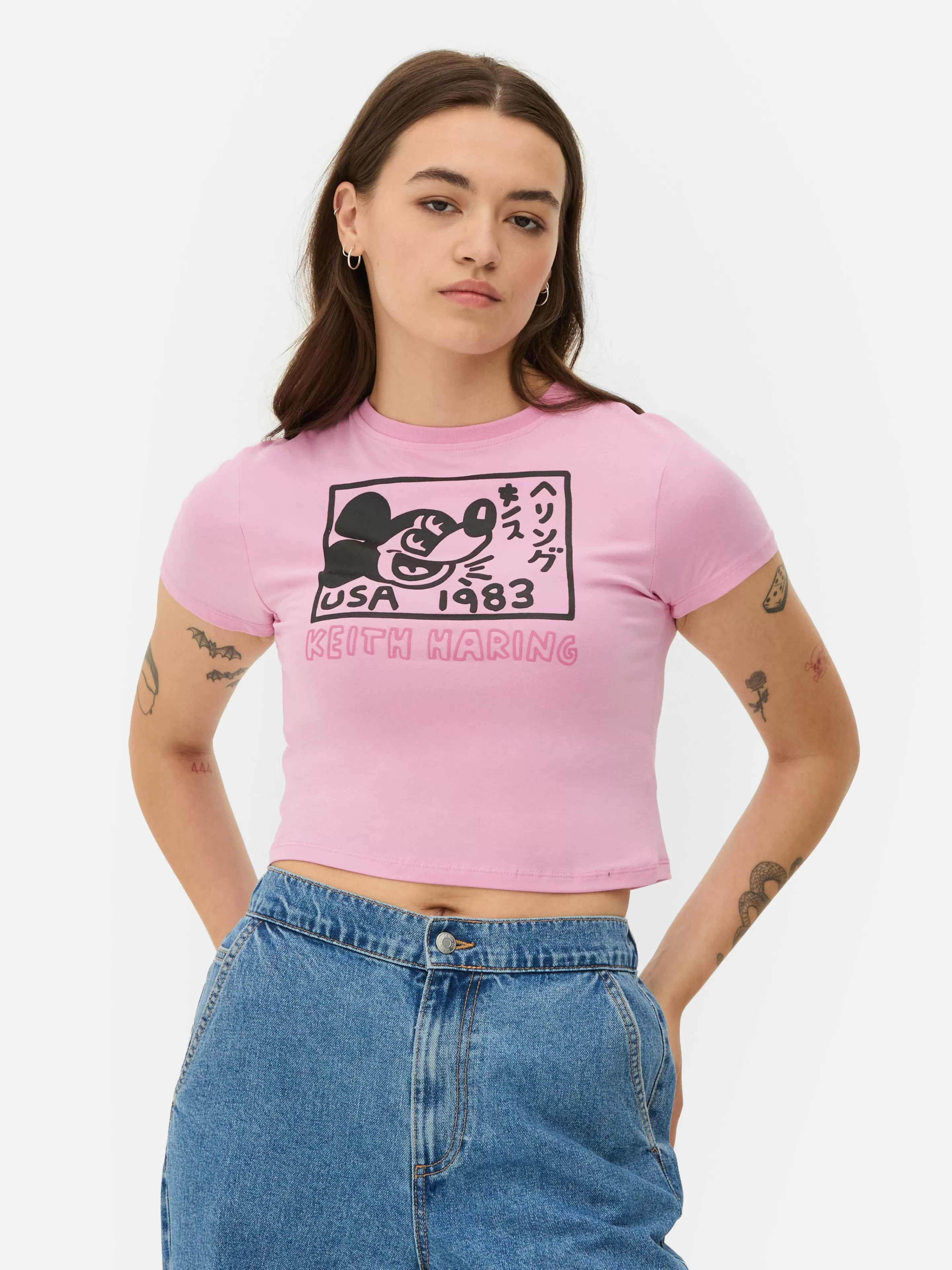 Mujer Primark Tops Y Camisetas | Camiseta Corta Mickey Mouse De Disney X Keith Haring