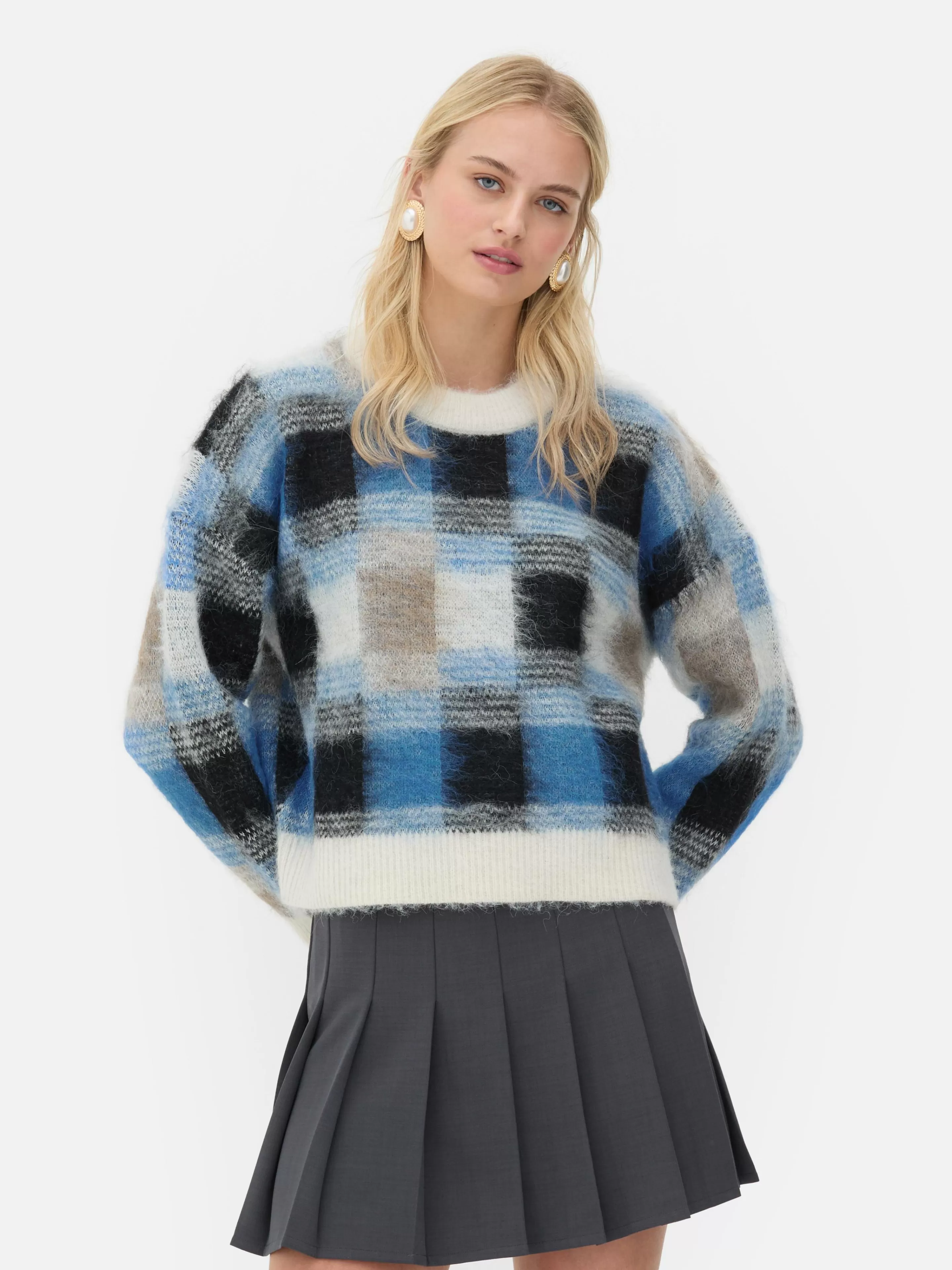 Mujer Primark Jerseys Y Cárdigans | Jersey A Cuadros Con Acabado Cepillado De Rita Ora