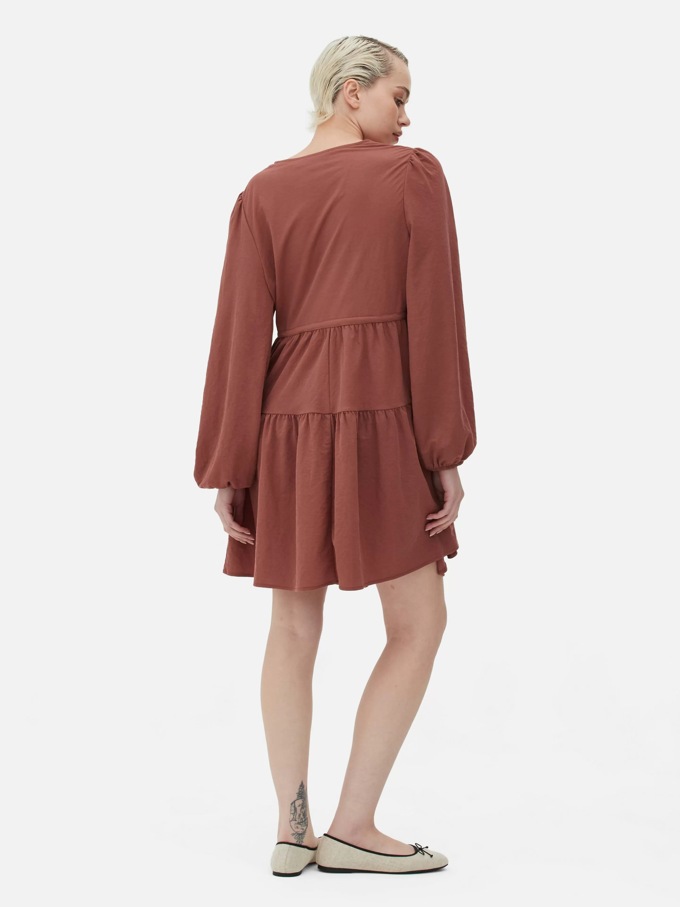 Mujer Primark Vestidos | Vestido Corto Con Vuelo, Cuello De Pico Y Lazada